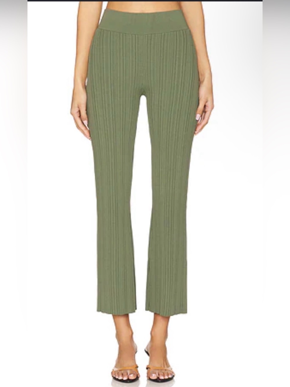Veronica Beard Massaro Pants Ribbed Wide-Leg Knit Pants Stone Army- Olive green